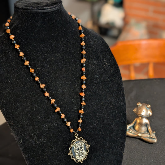 ✨Maravilla Muerta✨| Orange Aventurine & Onyx Skeletal Cameo Talisman Necklace