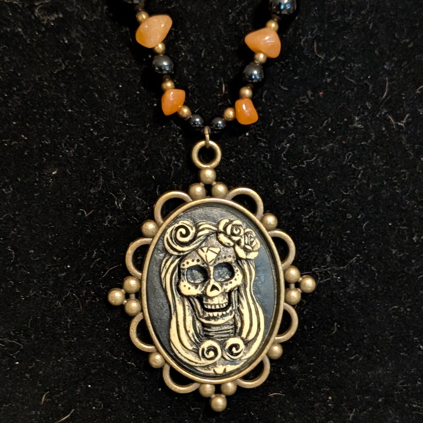 ✨Maravilla Muerta✨| Orange Aventurine & Onyx Skeletal Cameo Talisman Necklace