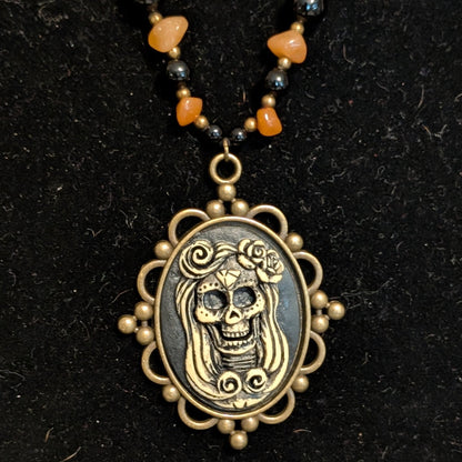 ✨Maravilla Muerta✨| Orange Aventurine & Onyx Skeletal Cameo Talisman Necklace