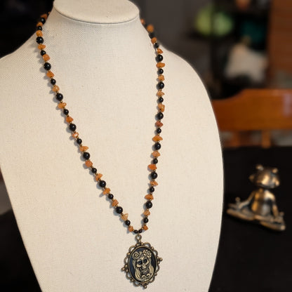 ✨Maravilla Muerta✨| Orange Aventurine & Onyx Skeletal Cameo Talisman Necklace