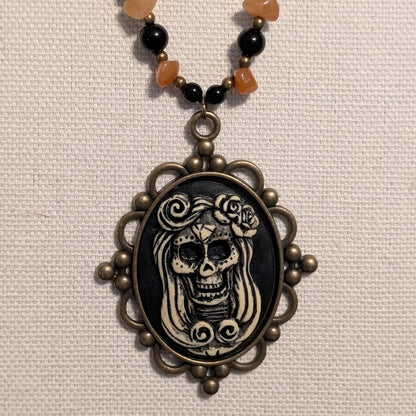 ✨Maravilla Muerta✨| Orange Aventurine & Onyx Skeletal Cameo Talisman Necklace