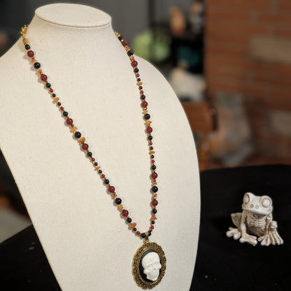 ✨Mariskullisman✨| Red Agate, Onyx, & Orange Aventurine Marigold Skull Cameo Necklace