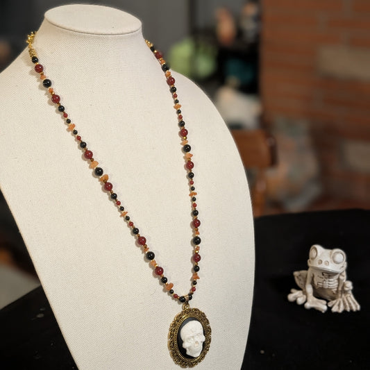 ✨Mariskullisman✨| Red Agate, Onyx, & Orange Aventurine Marigold Skull Cameo Necklace