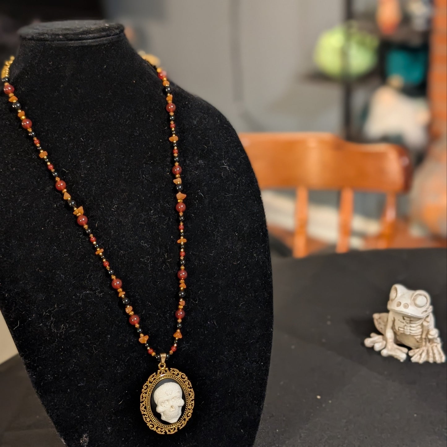 ✨Mariskullisman✨| Red Agate, Onyx, & Orange Aventurine Marigold Skull Cameo Necklace