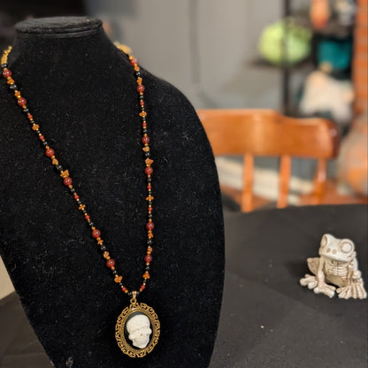 ✨Mariskullisman✨| Red Agate, Onyx, & Orange Aventurine Marigold Skull Cameo Necklace