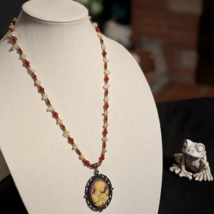 ✨Lady Petrifall✨| Red Jade & Yellow Calcite Cameo Necklace with Copper Leaf Clasp