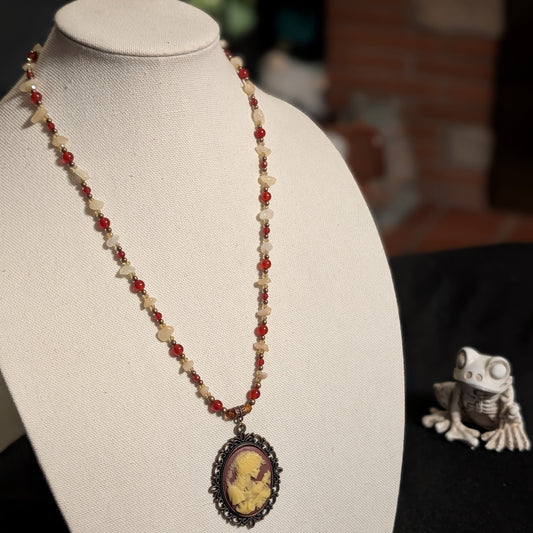 ✨Lady Petrifall✨| Red Jade & Yellow Calcite Cameo Necklace with Copper Leaf Clasp