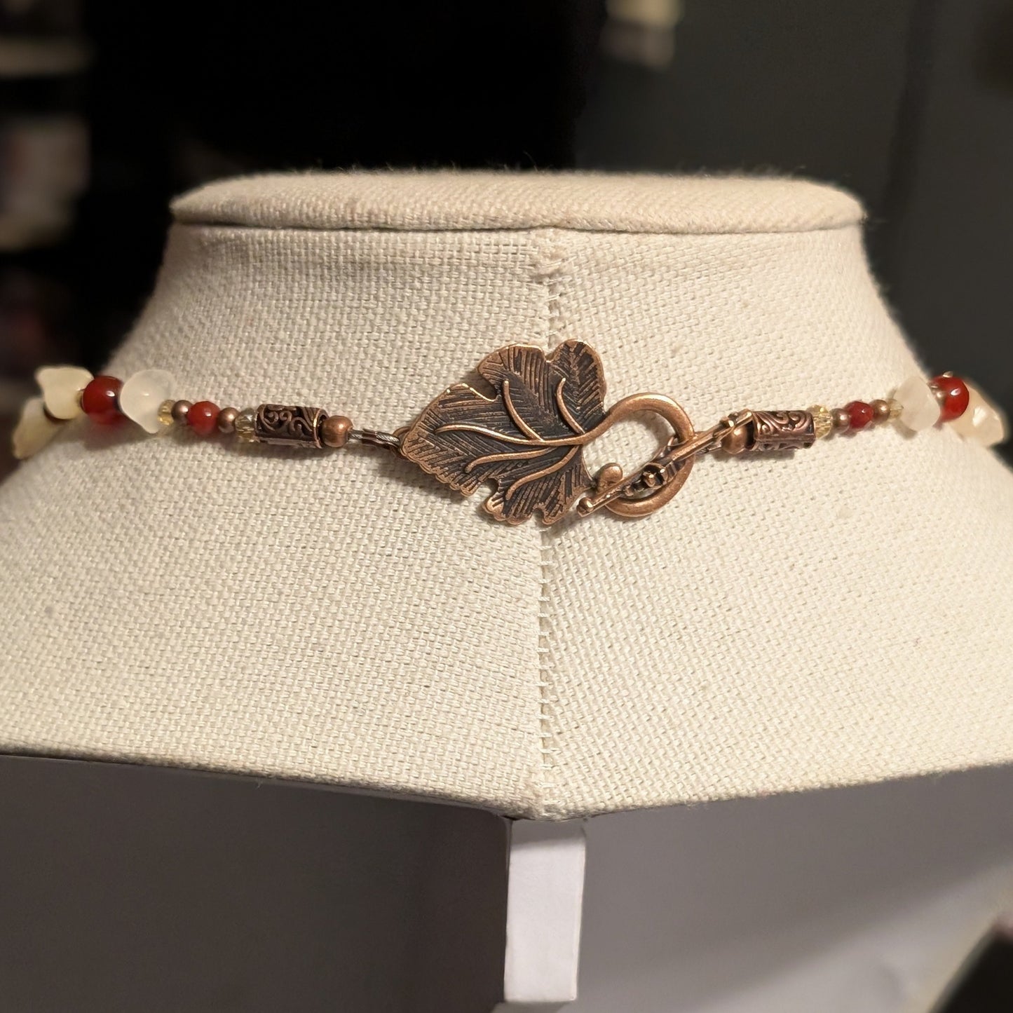 ✨Lady Petrifall✨| Red Jade & Yellow Calcite Cameo Necklace with Copper Leaf Clasp