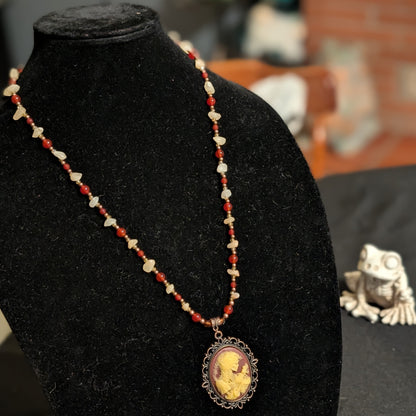 ✨Lady Petrifall✨| Red Jade & Yellow Calcite Cameo Necklace with Copper Leaf Clasp