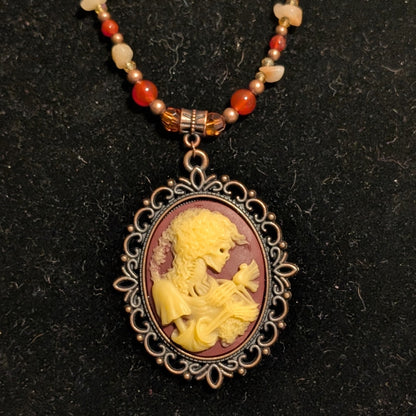 ✨Lady Petrifall✨| Red Jade & Yellow Calcite Cameo Necklace with Copper Leaf Clasp