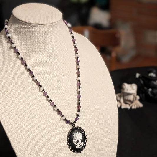 ✨Wraithora✨| Amethyst & Malaysia Quartz Skeleton Cameo Necklace