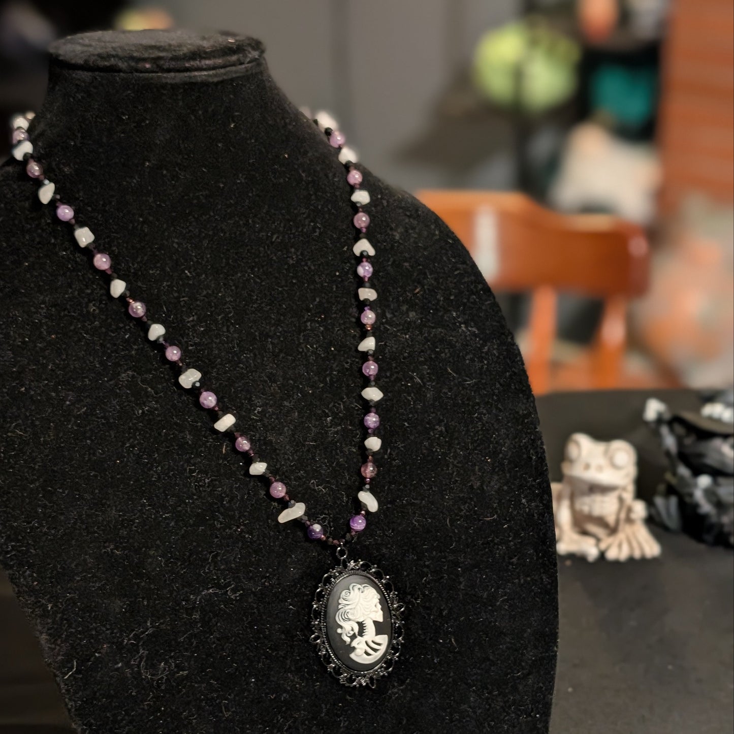 ✨Wraithora✨| Amethyst & Malaysia Quartz Skeleton Cameo Necklace
