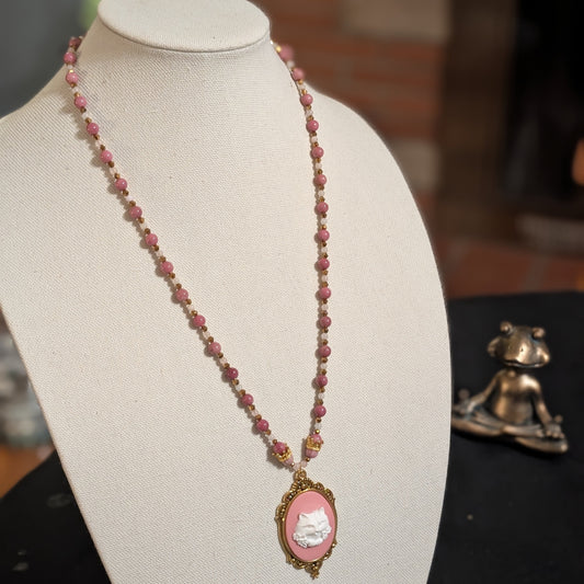 ✨Purrcilla✨| Rhodochrosite & Pink Morganite Cat Cameo Necklace