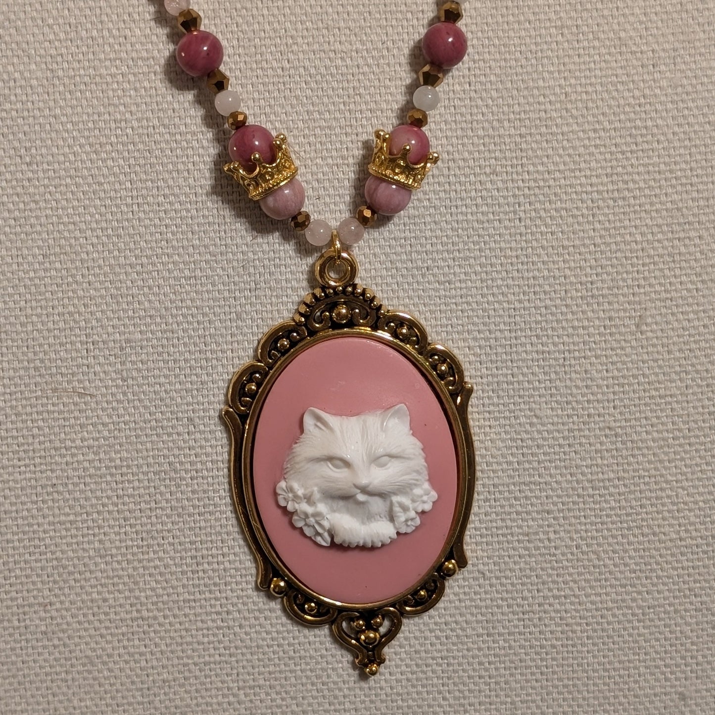 ✨Purrcilla✨| Rhodochrosite & Pink Morganite Cat Cameo Necklace