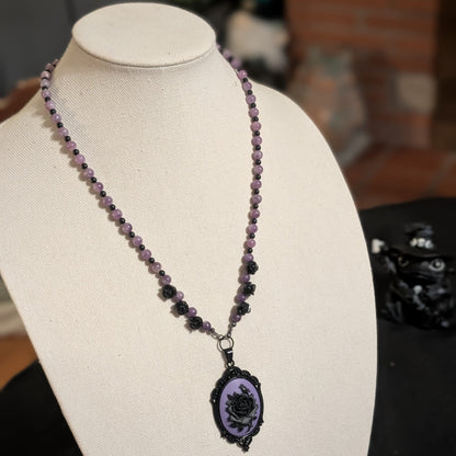 ✨Mournament Bloom✨| Lepidolite & Onyx Rose Cameo Necklace