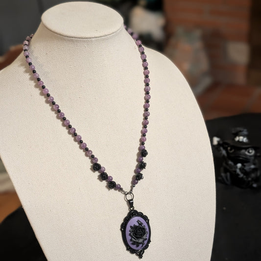 ✨Mournament Bloom✨| Lepidolite & Onyx Rose Cameo Necklace