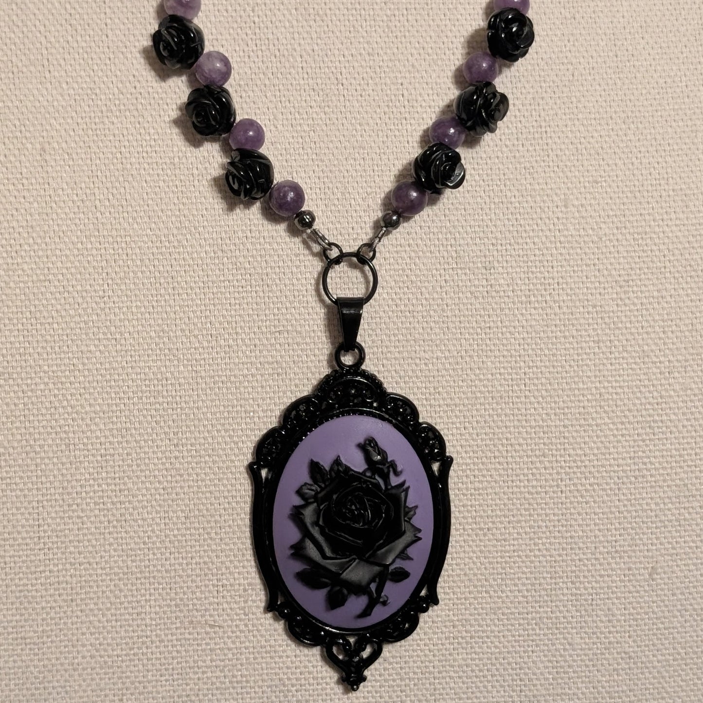 ✨Mournament Bloom✨| Lepidolite & Onyx Rose Cameo Necklace