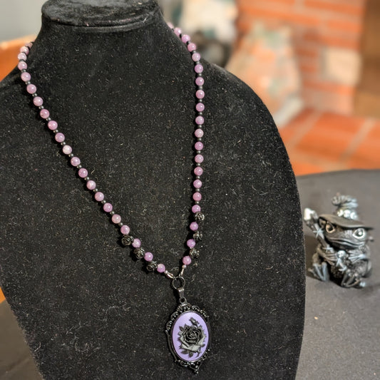 ✨Mournament Bloom✨| Lepidolite & Onyx Rose Cameo Necklace