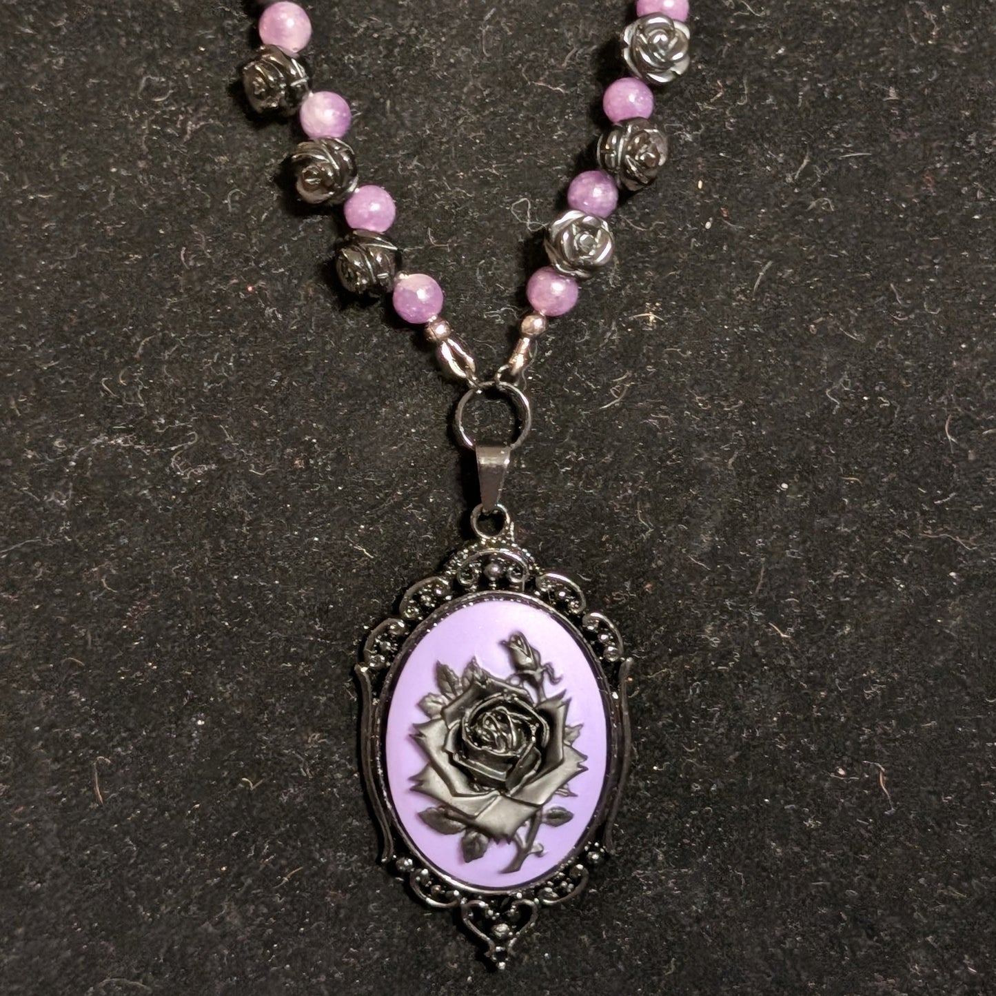 ✨Mournament Bloom✨| Lepidolite & Onyx Rose Cameo Necklace