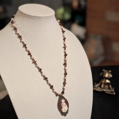 ✨Madame Foladrop✨| Garnet, Riverstone & Tiger’s Eye Skeleton Cameo Necklace