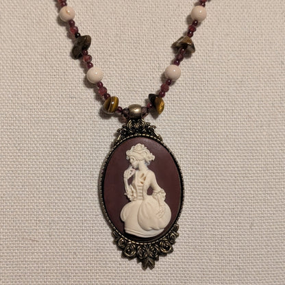 ✨Madame Foladrop✨| Garnet, Riverstone & Tiger’s Eye Skeleton Cameo Necklace