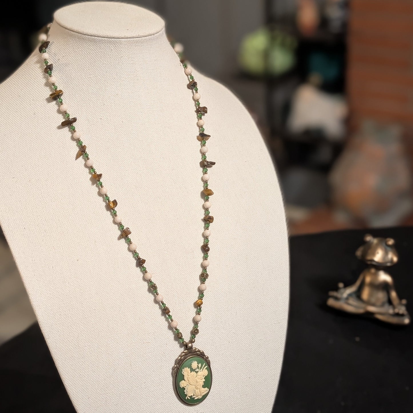 ✨Verdalis✨| Green Fairy Cameo Necklace in Tiger’s Eye & Riverstone