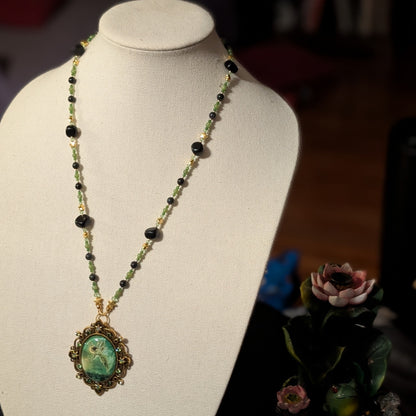 ✨Eidolaris✨| Green Jade & Obsidian Fairy Cameo Necklace