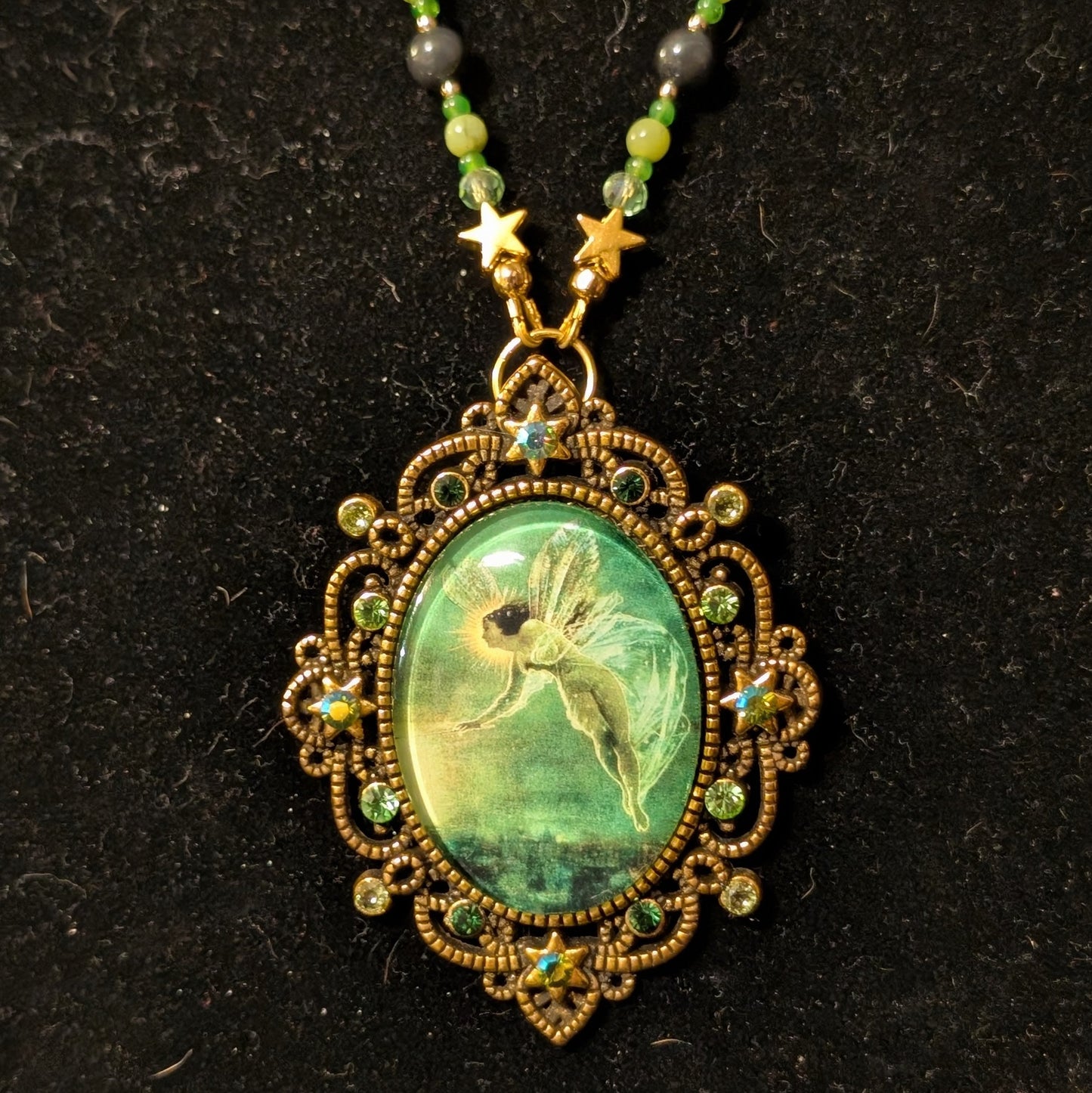 ✨Eidolaris✨| Green Jade & Obsidian Fairy Cameo Necklace