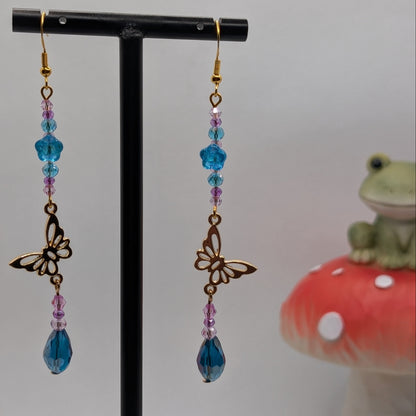 ✨Flutterblossom✨| Blue Flower Butterfly Drop Earrings