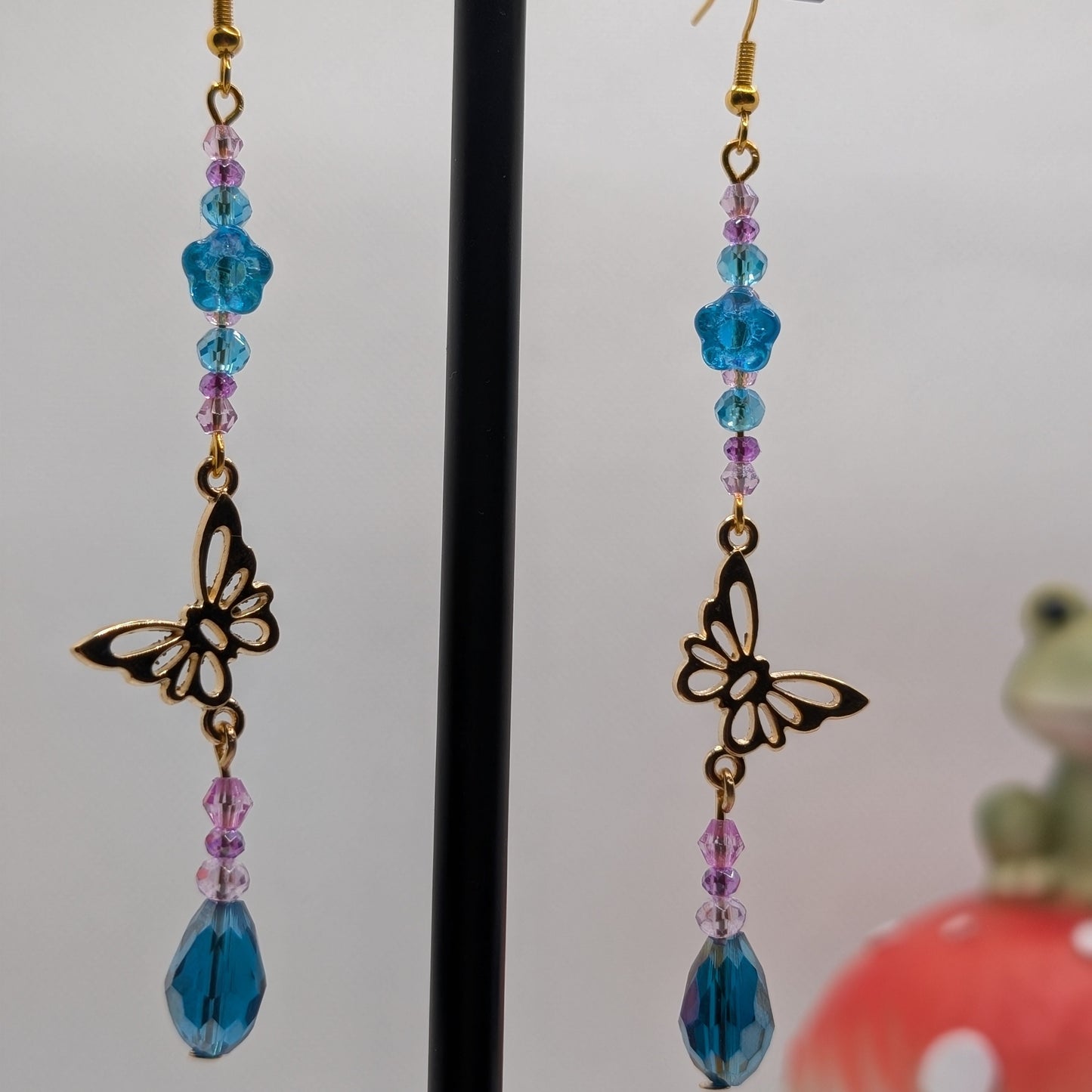 ✨Flutterblossom✨| Blue Flower Butterfly Drop Earrings