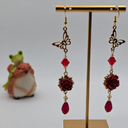 ✨Rosebearer✨| Butterfly & Red Rose Crystal Drop Earrings
