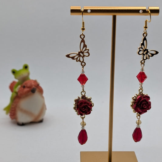 ✨Rosebearer✨| Butterfly & Red Rose Crystal Drop Earrings