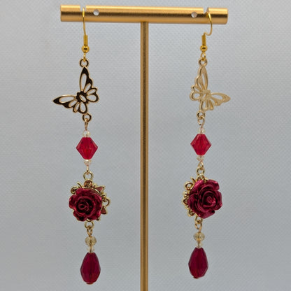 ✨Rosebearer✨| Butterfly & Red Rose Crystal Drop Earrings