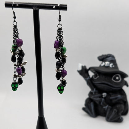 ✨Boneshee Rave✨| Black & Neon Skull Swarm Chain Dangle Earrings