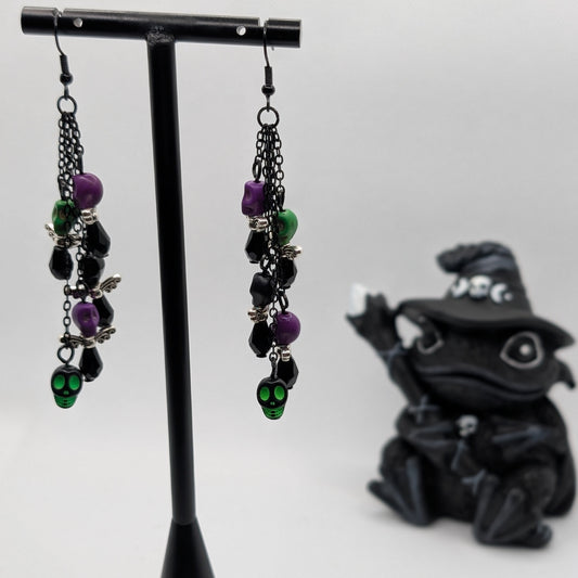 ✨Boneshee Rave✨| Black & Neon Skull Swarm Chain Dangle Earrings