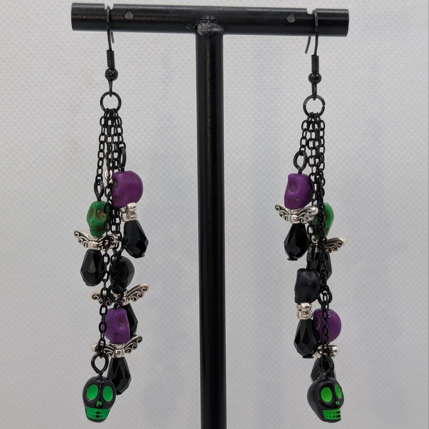 ✨Boneshee Rave✨| Black & Neon Skull Swarm Chain Dangle Earrings