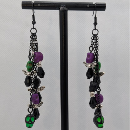 ✨Boneshee Rave✨| Black & Neon Skull Swarm Chain Dangle Earrings