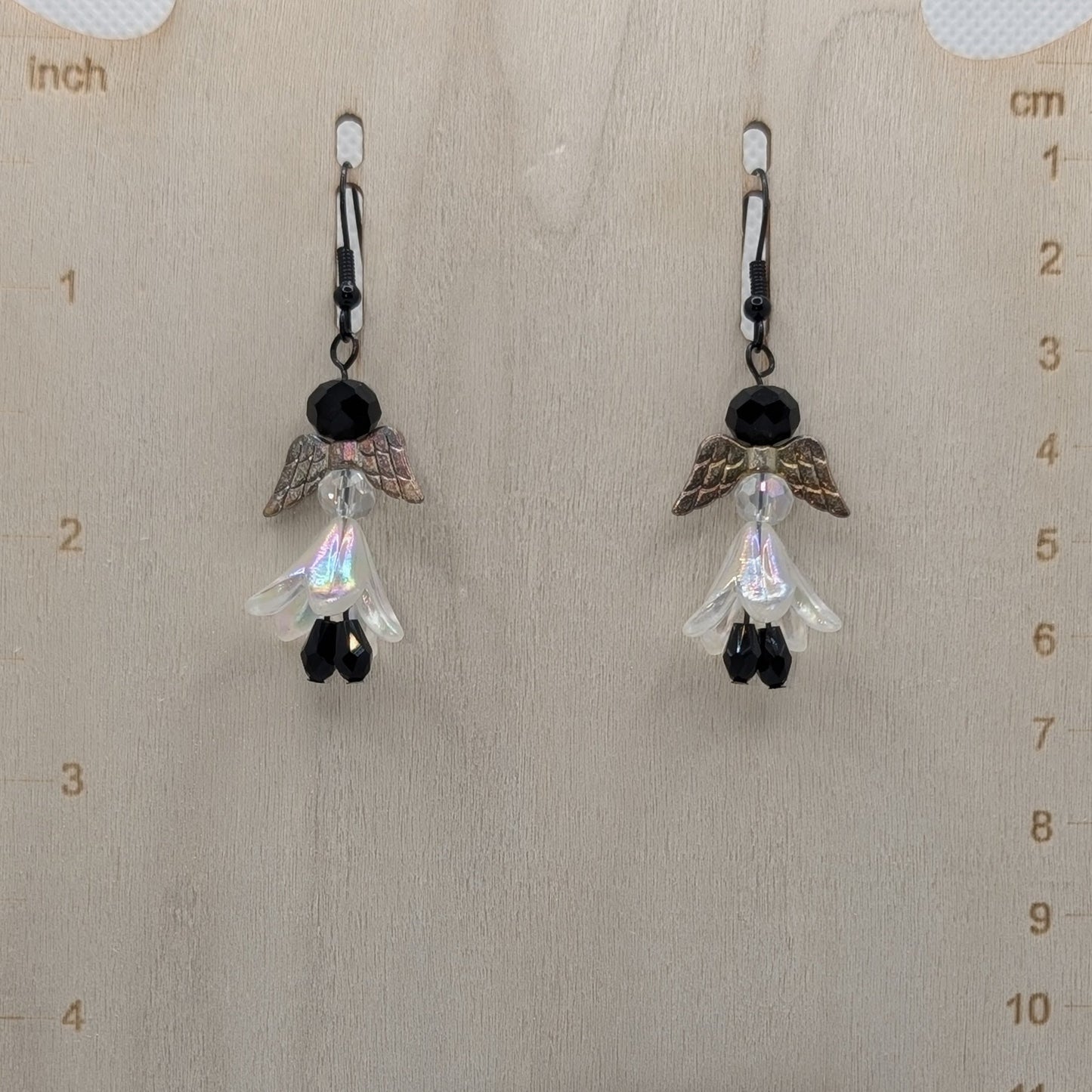 ✨Silverflit✨| Winged Fairy Earrings with Iridescent Petals & Black Beads