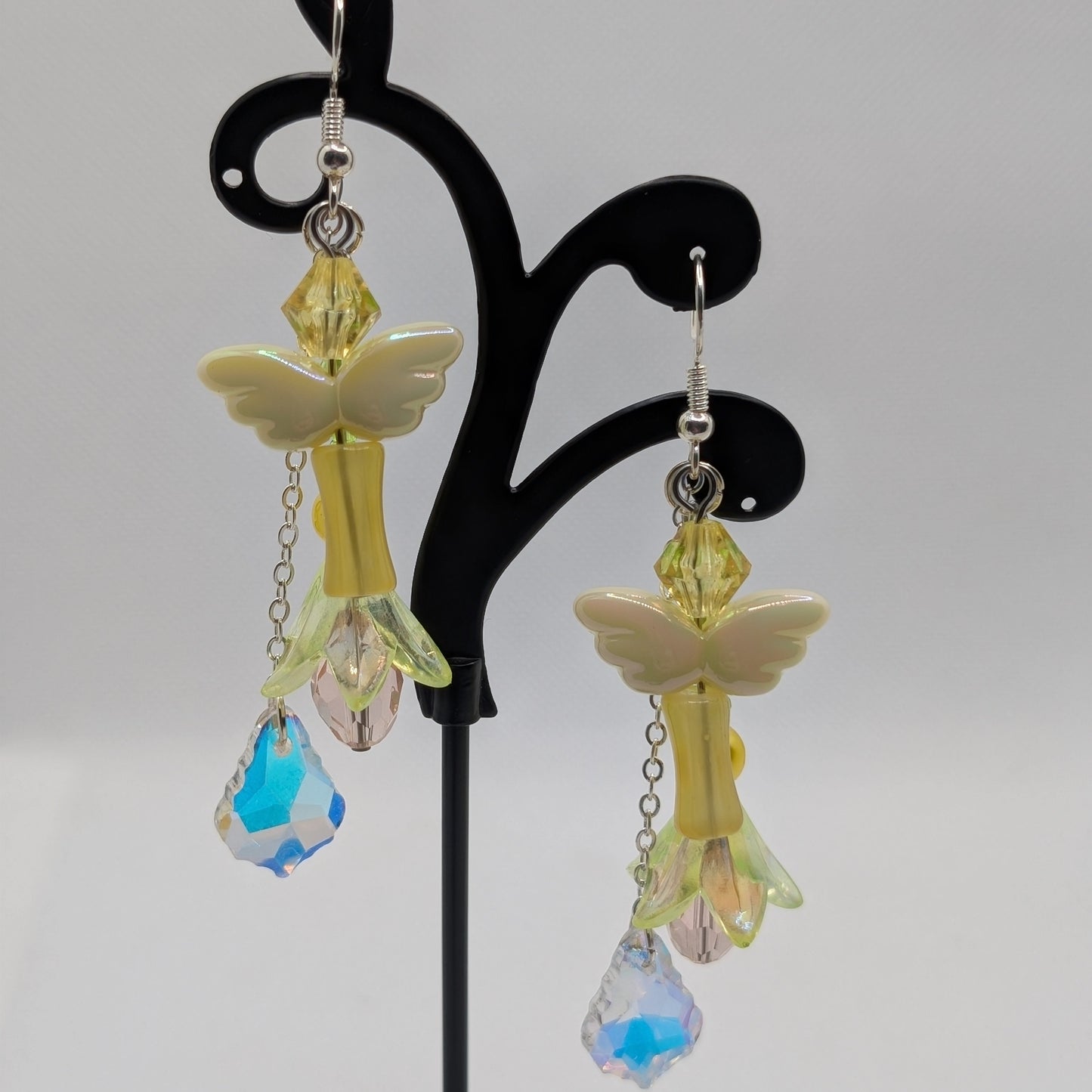 ✨Solanielle✨| Long Yellow Statement Fairy Earrings with Acrylic Wings & Crystal Sparkle