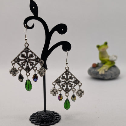 ✨Cloverkeep✨ | Clover Chandelier Earrings with Green Crystal Drop