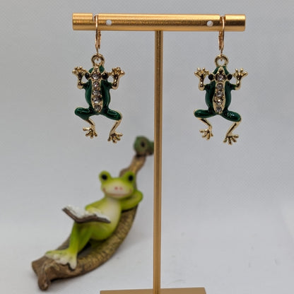 ✨Tharnwick’s Cousins✨ | Green Enamel Frog Rhinestone Earrings