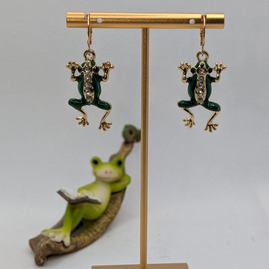 ✨Tharnwick’s Cousins✨ | Green Enamel Frog Rhinestone Earrings
