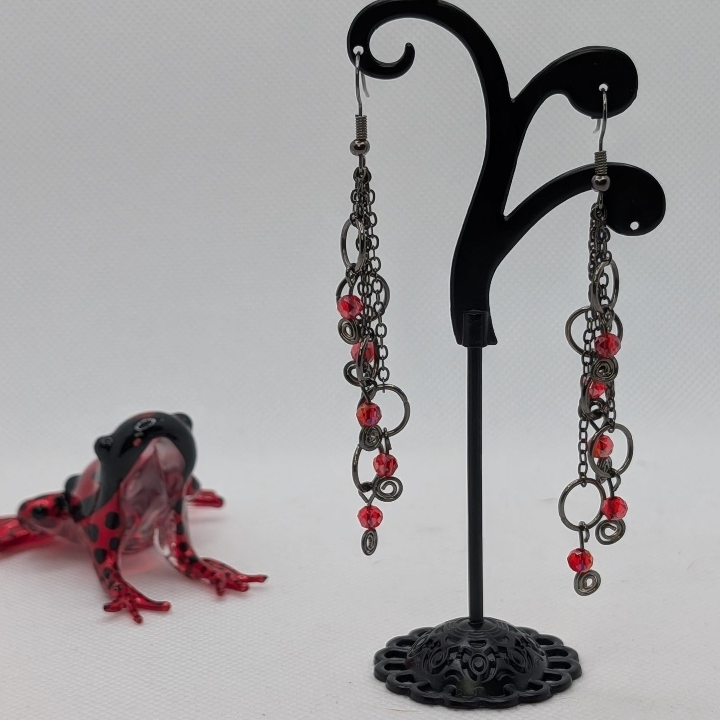 ✨Wildthorn Tangle✨| Red and Gunmetal Cascade Earrings with Spirals