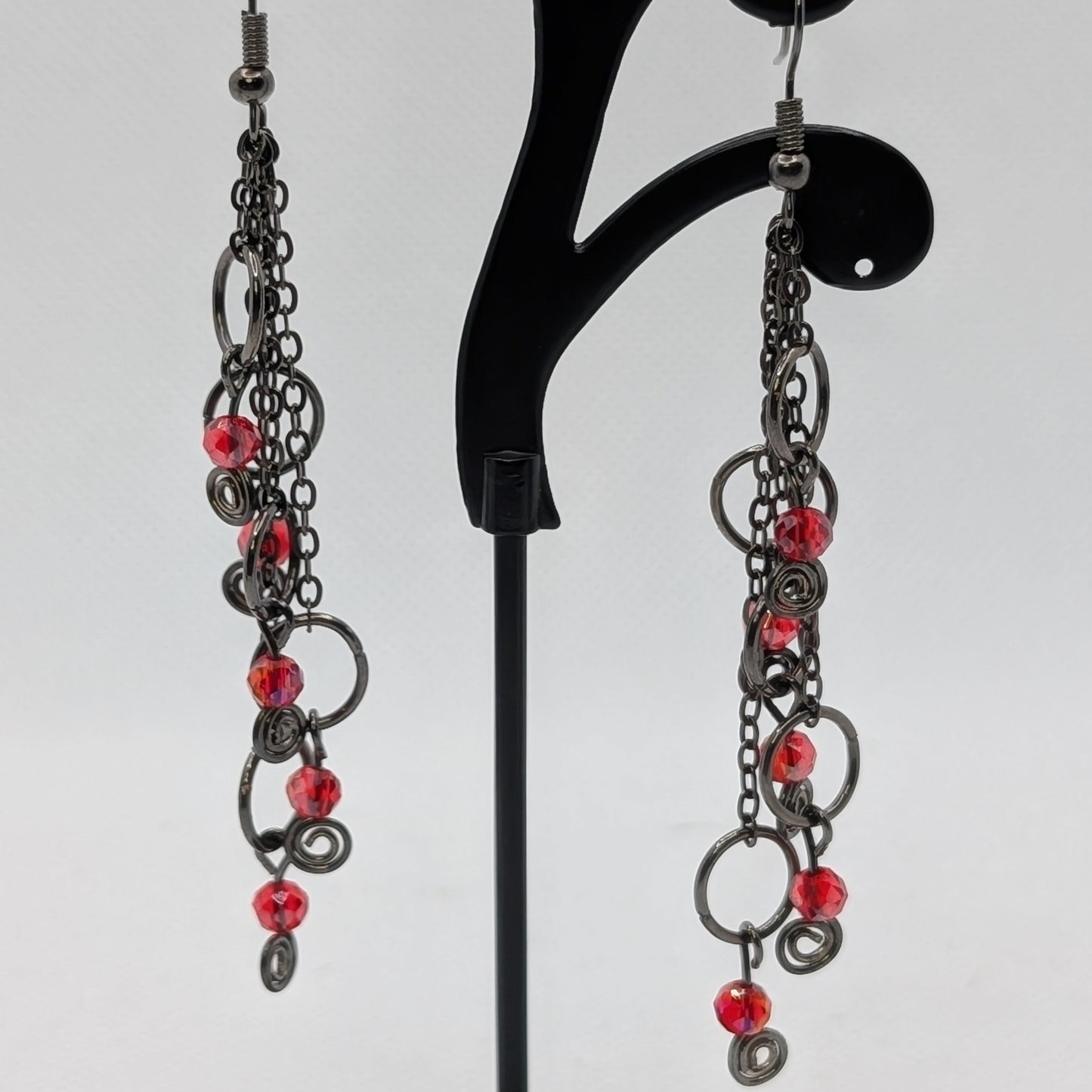✨Wildthorn Tangle✨| Red and Gunmetal Cascade Earrings with Spirals