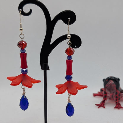✨Petalskirt Flare✨| Crimson Flower & Cobalt Crystal Dangle Earrings