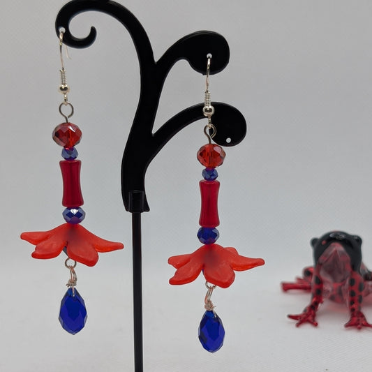 ✨Petalskirt Flare✨| Crimson Flower & Cobalt Crystal Dangle Earrings
