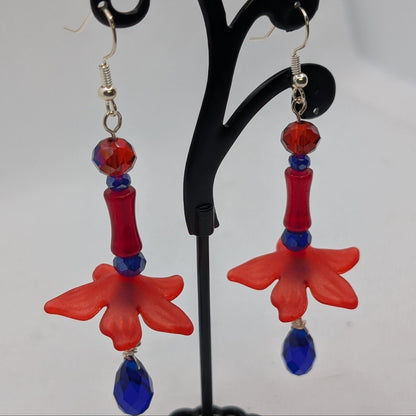 ✨Petalskirt Flare✨| Crimson Flower & Cobalt Crystal Dangle Earrings