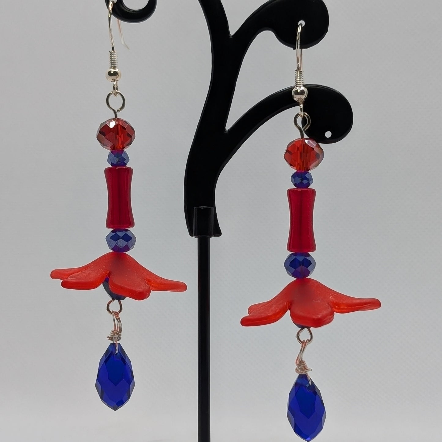 ✨Petalskirt Flare✨| Crimson Flower & Cobalt Crystal Dangle Earrings