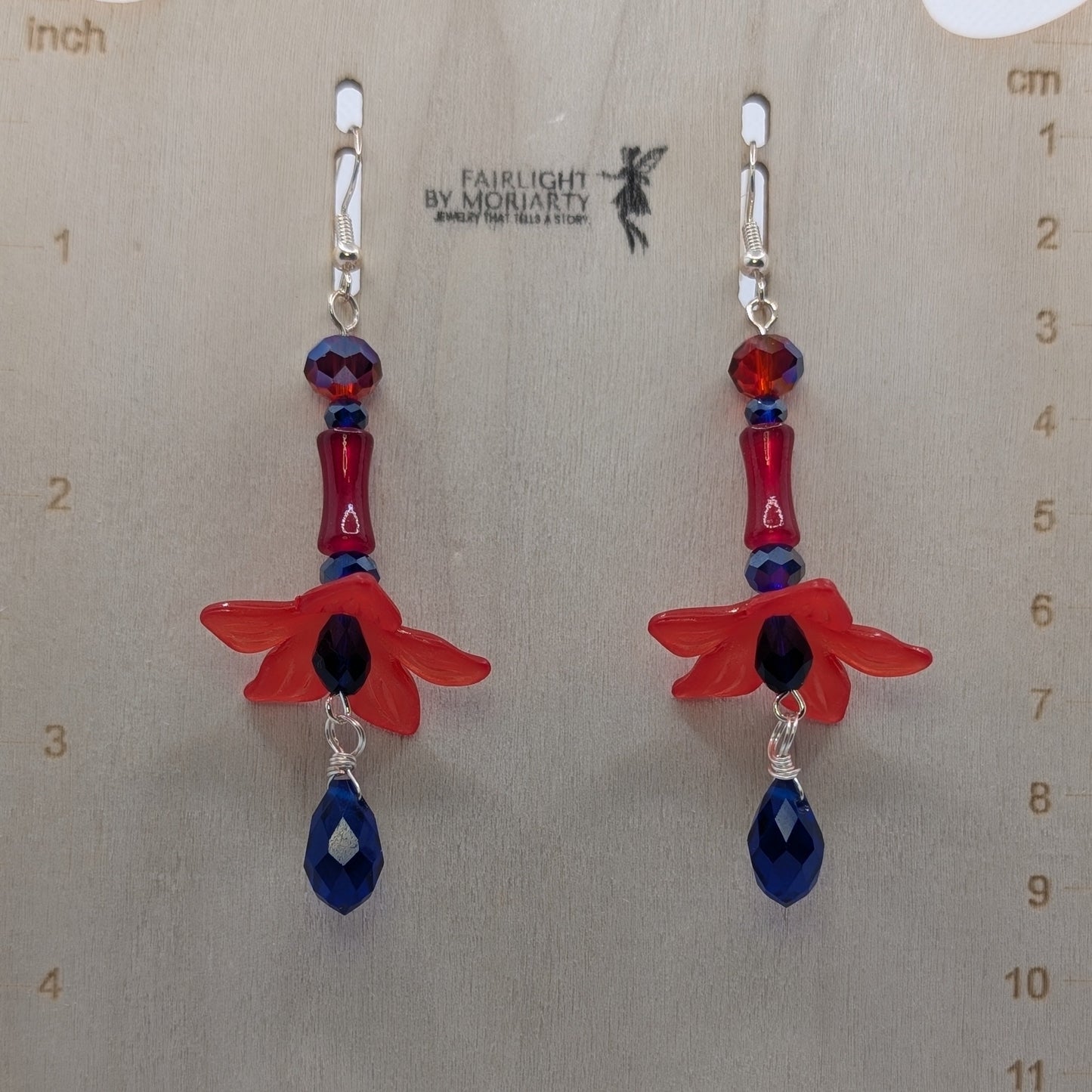 ✨Petalskirt Flare✨| Crimson Flower & Cobalt Crystal Dangle Earrings