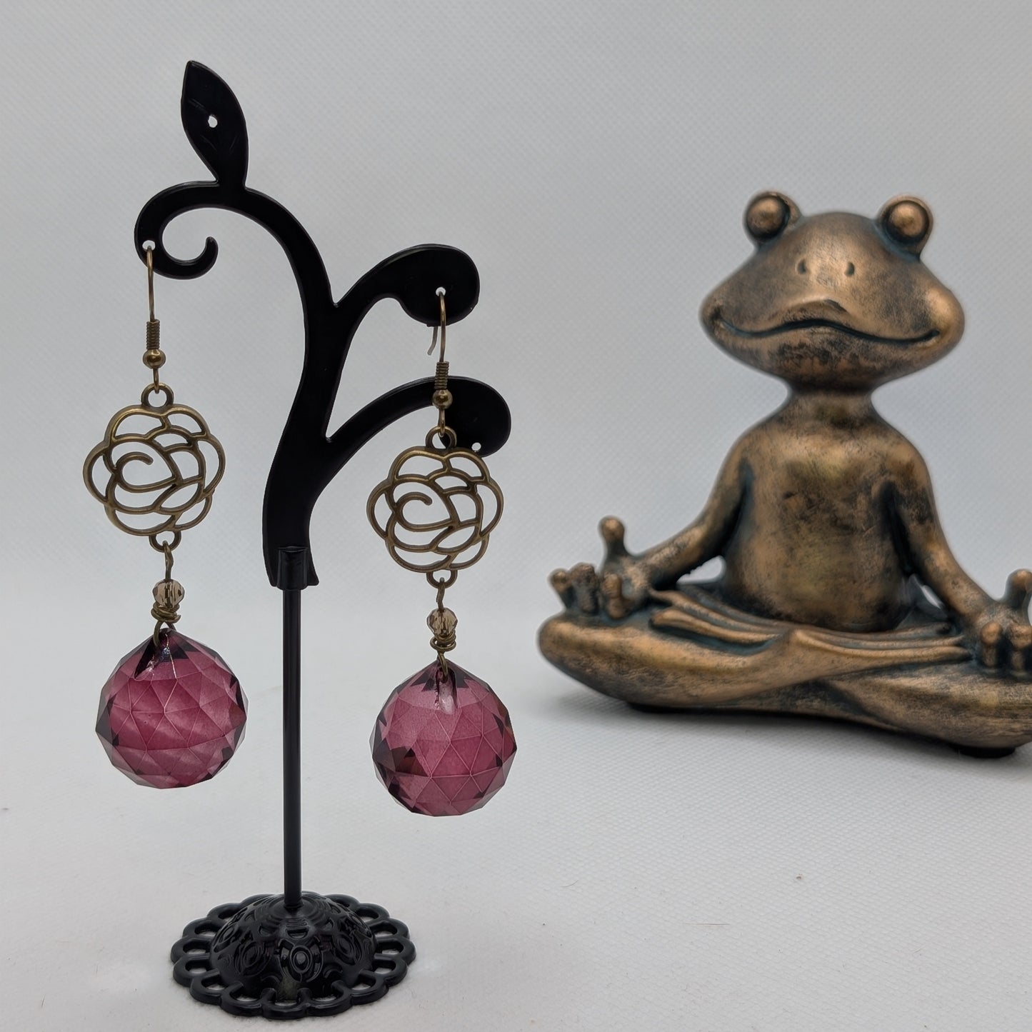 ✨Dusklantern Roses✨| Antique Bronze Filigree Earrings with Mauve Crystal Drops